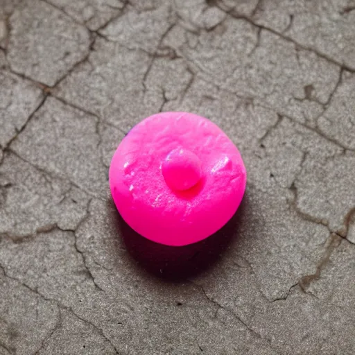 Prompt: a picture of a used piece of pink bubblegum sitting on a white tile floor. realistic, detailed, 4k, award winning photography, bokeh, depth of field, dramatic lighting