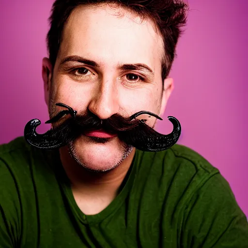 Image similar to a headshot of a happy masculine gay man with a mustache and green eyes, 35mm photo