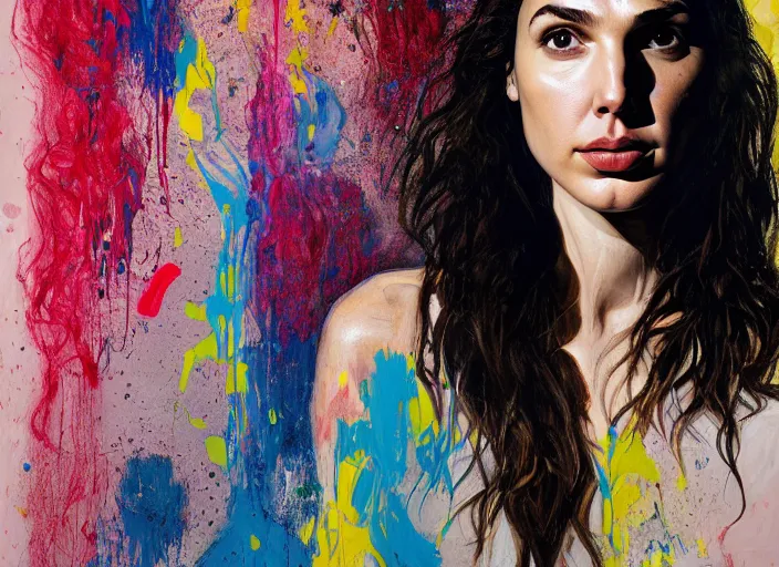 Prompt: portrait of gal gadot in fear, by vincent lefevre and hernan bas and pat steir and hilma af klint, psychological, photorealistic, dripping paint, washy brush, rendered in octane, altermodern, masterpiece