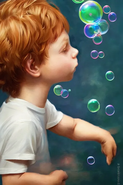 Image similar to a little boy with ginger hair chasing bubbles. clean elegant painting, beautiful detailed face, lots of bubbles. by artgerm and greg rutkowski