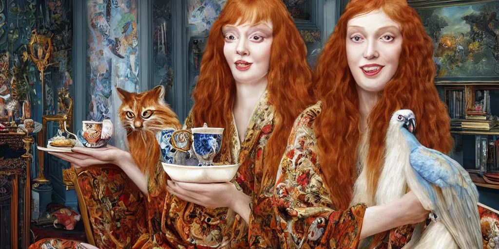 Image similar to a stunning hyper-detailed photorealistic painting of a slender beautiful smiling woman with long ginger hair and bangs, wearing a luxurious silk robe, wearing headphones and posing with her large ginger tabby cat and her raccoon and parrots in an overstuffed easy chair in her sunlit victorian living room, holding a porcelain parrot-shaped coffee mug and a donut, perfect eyes, fashion photography, cinematic lighting, octane render, IBEX Mastesr, unreal engine, 85 mm lens,