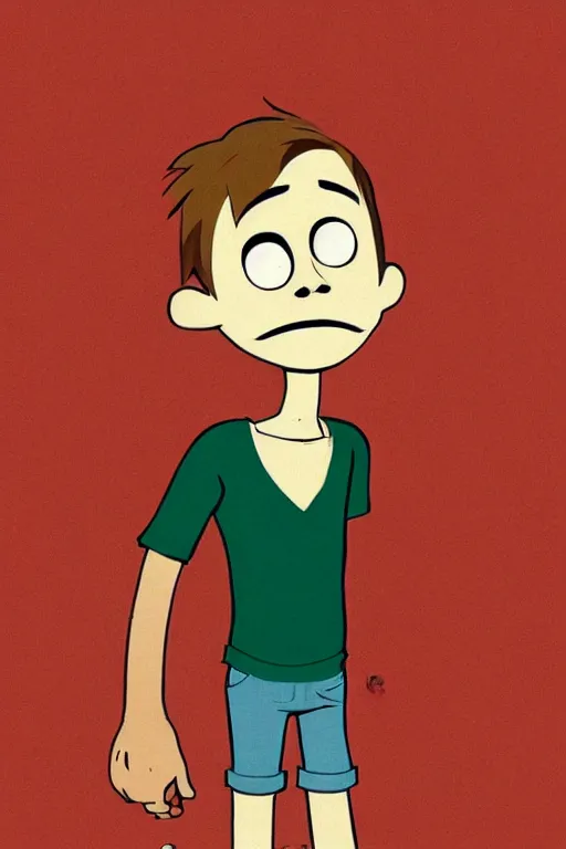 Image similar to Full body portrait of a short!, overweight!! teenage boy, medium length brown hair and fringe, eyes half closed, mouth open, not intelligent, standing in road, cartoon by Jamie Hewlett, cel shaded, gorillaz, Trending artstation, deviantart, digital art