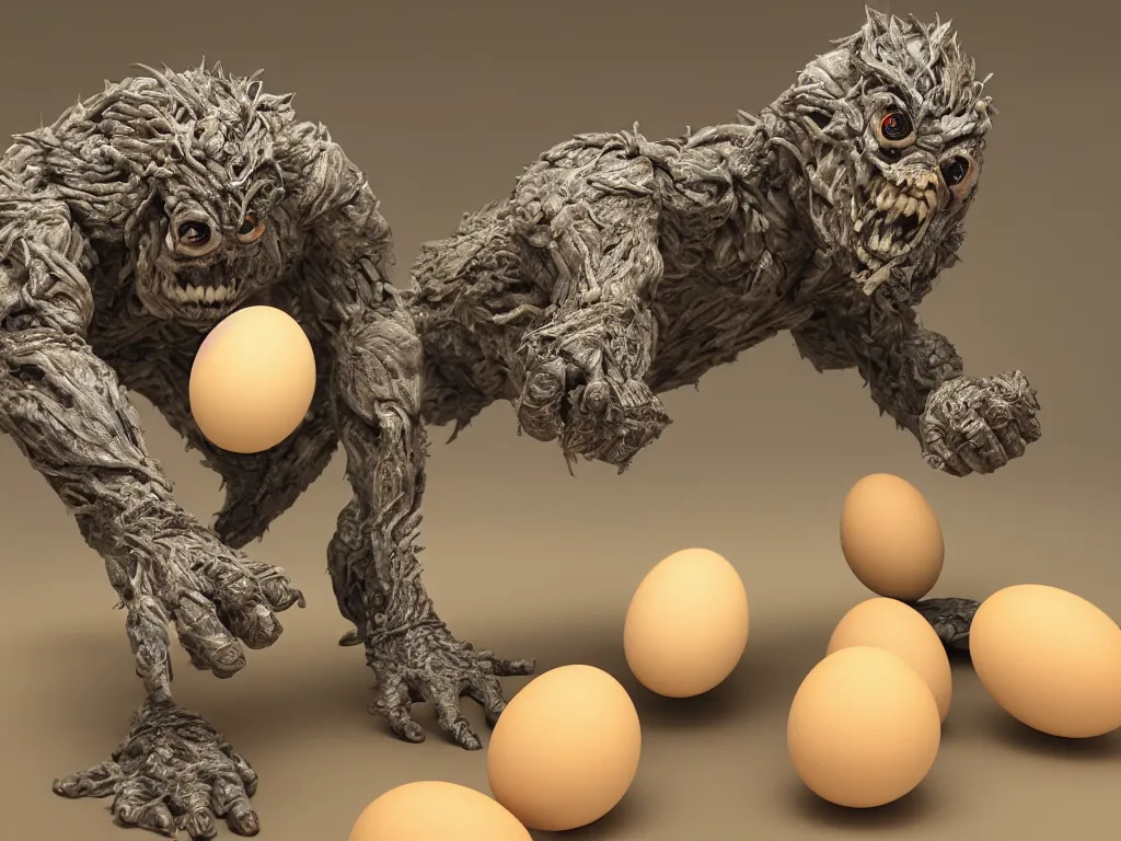 Image similar to an incredibly terrifying monster made out of eggs, 4k photorealistic, extremely detailed, high quality, sharp focus, dramatic lighting, scary,