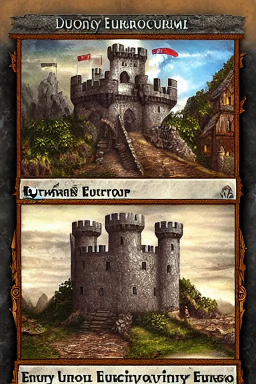 Image similar to dominion eurogame card showing a rustic castle. fantasy deviantart