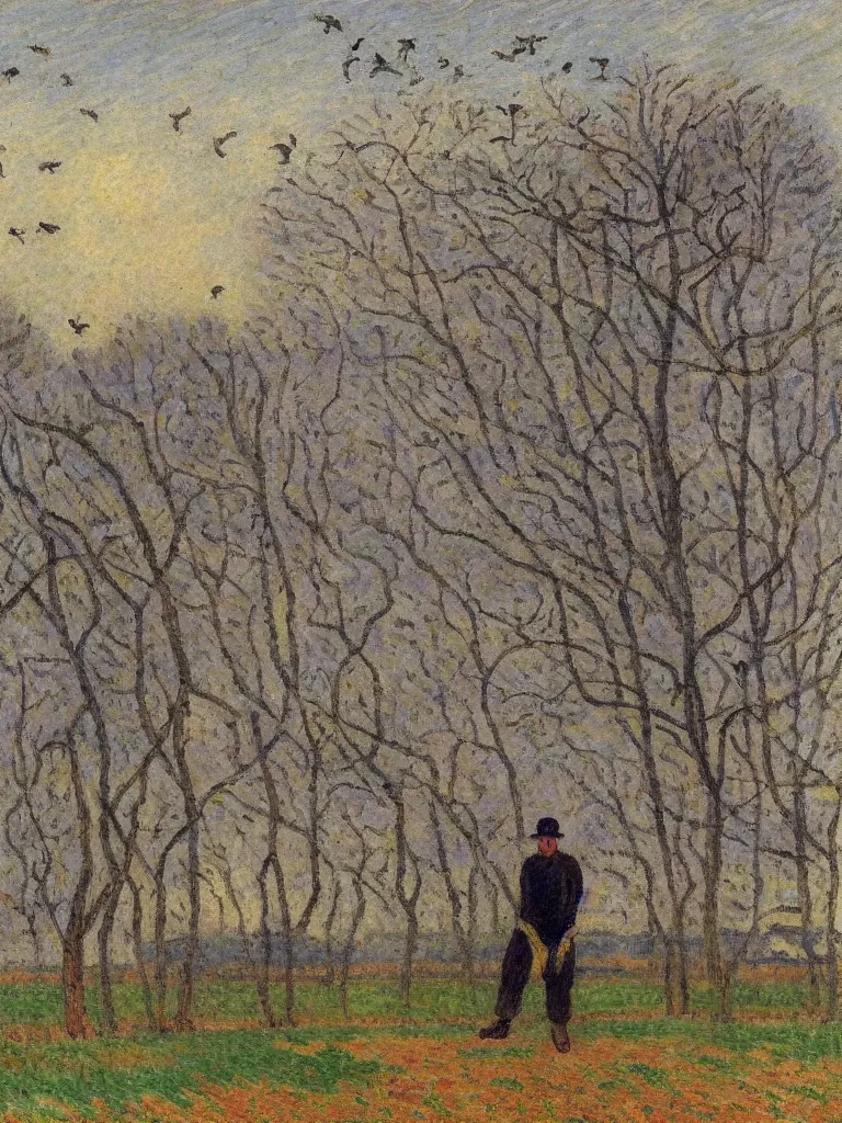 Prompt: Portrait of a man alone in the middle of an empty field, crows flying all around him by Maximilien Luce