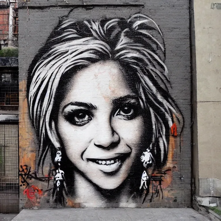 Prompt: Detailed street-art portrait of Shakira Isabel Mebarak Ripoll in style of Banksy