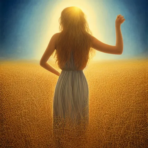 Prompt: close-up shot, a beautiful painting of a girl in a airy semi-transparent thin light dress standing in the glowing wheat fields, mystical setting, afternoon sun, long shadows, photo from the back, by Mark Ryden, Felix Kelly, trending on artstation