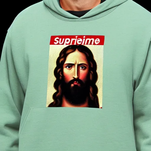 Prompt: an oil painting showing jesus wearing a supreme t - shirt underneath a gucci hoddie, 4 k, highly detailed