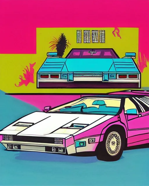 Image similar to Crockett and Tubbs and a white Countach, Miami Vice (1984), in the style of Alex Yanes and John Kricfalusi and Damien Hirst, muted pastel neon color surrealist cubist, tense design, detailed painting, spray art, spatter, collage, isolated on white, juxtapoz magazine, cartoon brew, golden ratio, rule of thirds