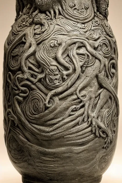 Prompt: A greek amphora with Cthulhu drawings on it, outstanding, high quality, highly detailed, award-winning