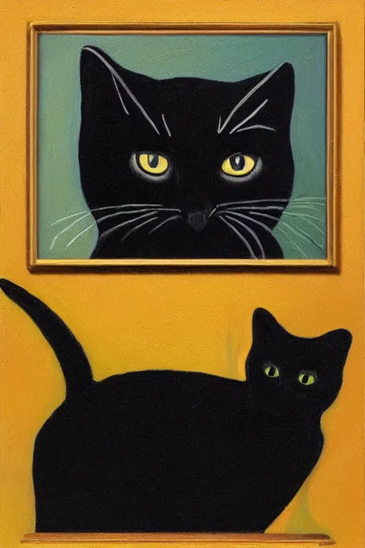 Image similar to oil painting, art by rosina wachtmeister, black cat using black vintage telephone, golden background