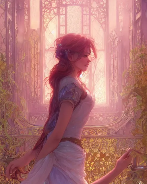 Image similar to secret romance, highly detailed, gold filigree, romantic storybook fantasy, soft cinematic lighting, award, disney concept art watercolor illustration by mandy jurgens and alphonse mucha and alena aenami, pastel color palette, featured on artstation