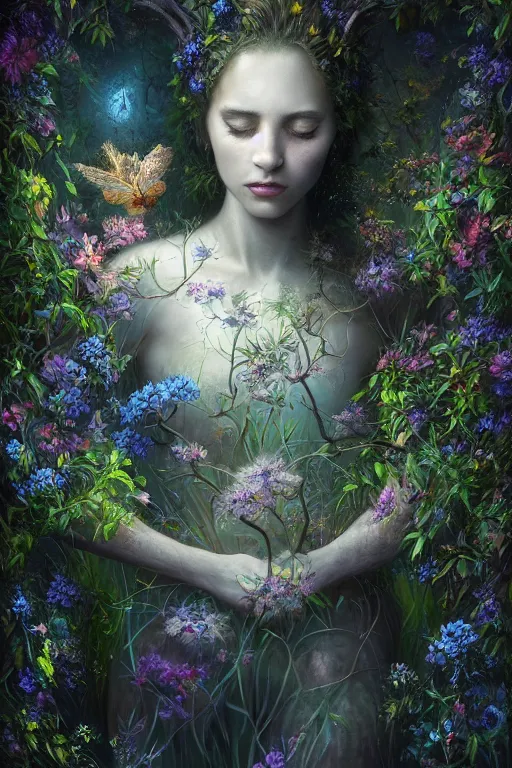 Image similar to a stunning ultra detailed fantasy fine art closeup photo of trinx ebros surrounded by blooming floral foliage, fireflies!!, by tomasz alen kopera, igor morski and anna dittman, misty night, very detailed, deep depth of field, 8 5 mm lens, soft lighting, artstation, highly coherent, 8 k