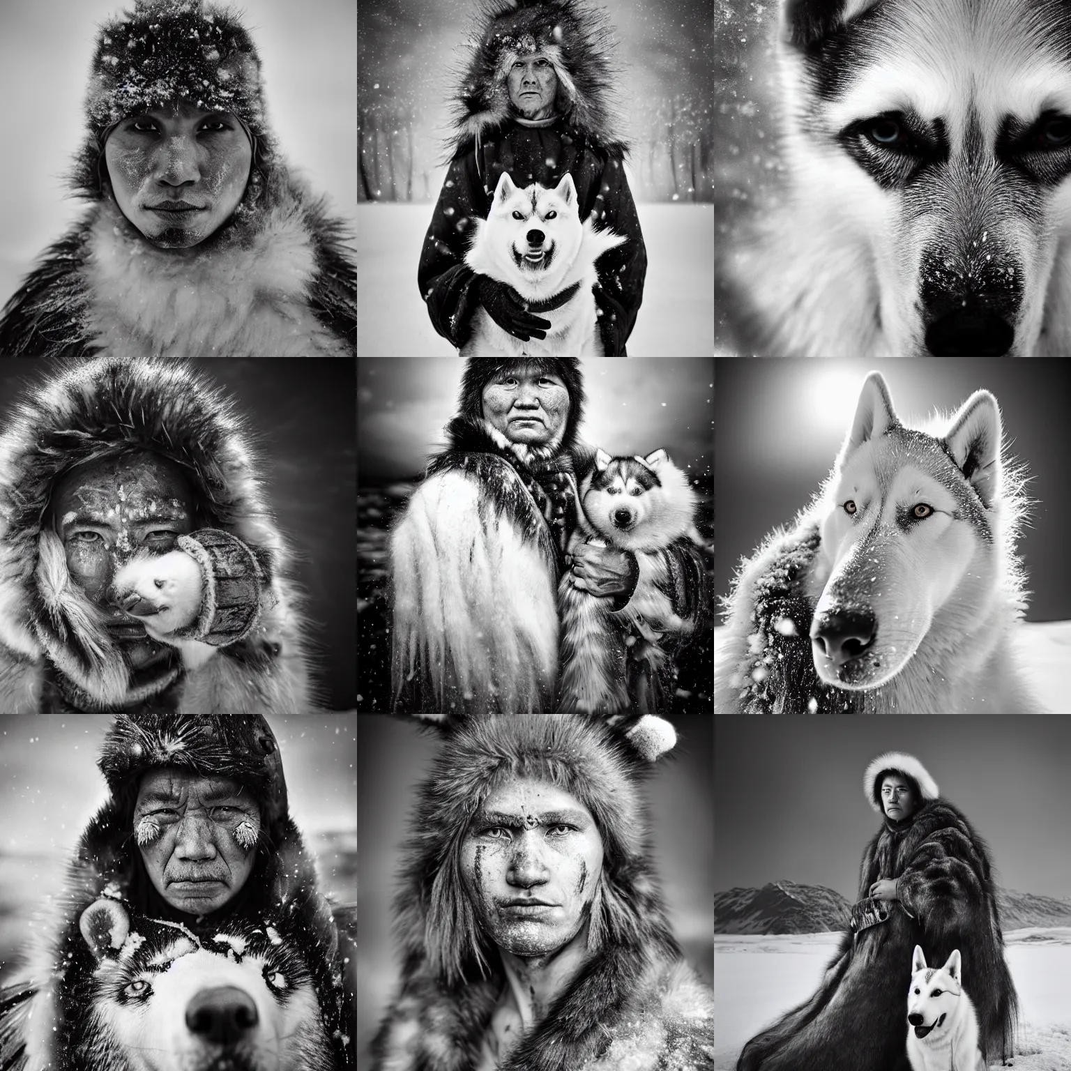 Prompt: Award Winning reportage Full-body Portrait of a Early-medieval weathered native Inuits in the snow with a white husky dog with incredible hair and beautiful eyes wearing animal furs and traditional garb by Lee Jeffries, 85mm ND 4, perfect lighting, gelatin silver process