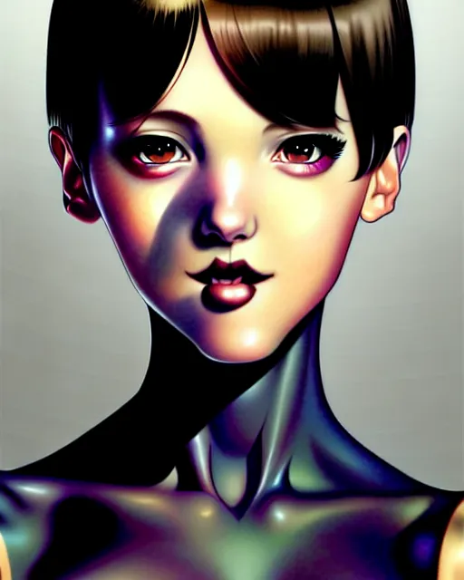 Image similar to portrait of an attractive young woman with amazing short hair wearing a short tight black dress think about the galaxy, art by Range Murata and Artgerm.