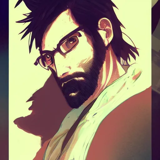 Image similar to concept art character, very high angle view, book cover, very attractive man with beard, walking in cyberpunk valley highly realistic shaded Perfect face, fine details, Anime. realistic shaded lighting by Ilya Kuvshinov katsuhiro otomo ghost-in-the-shell, magali villeneuve, artgerm, rutkowski, WLOP Jeremy Lipkin and Giuseppe Dangelico Pino, borderlands 3 style, Michael Garmash and Rob Rey book cover, deep shadows, , extremely fine inking lines