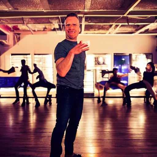 Prompt: photo of a 4 0 year old white man living thinking he's living the best life possible. he looks young for his age. he is at a dance club, it's as if he were in a music video. sadly he did not realize there is more to life. woman are flocking to him