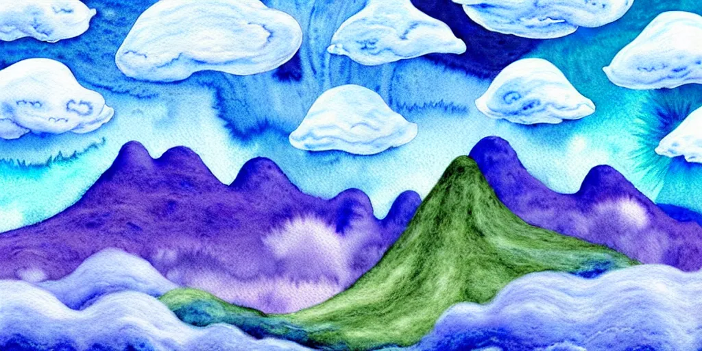 Image similar to A watercolor art of Mumintroll character in shape of wool felting amazing clouds, illustration by Irena Žviliuvienė, book cover, colorful background with mountains, 4k resolution, ultra detailed, matte painting, tarot card style, character design