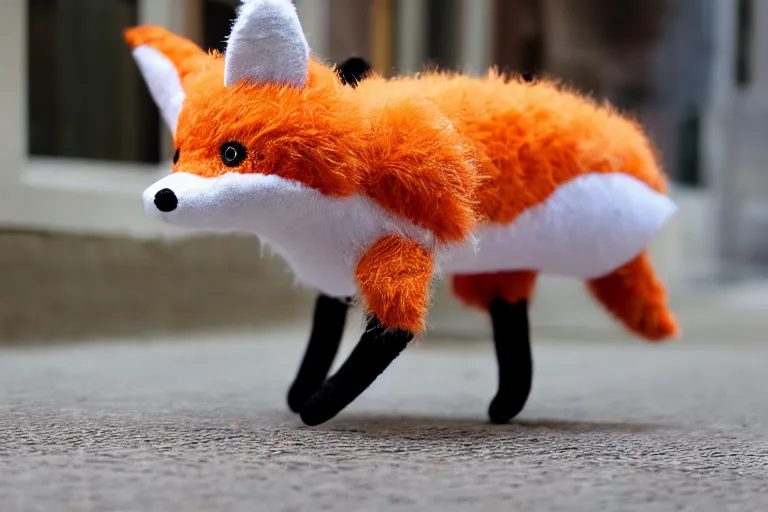 Prompt: A fabric stuffed animal toy fox! plushie sitting on the sidewalk and wagging its tail rapidly, dynamic, motion blur, 1/4 shutter speed, award winning photography