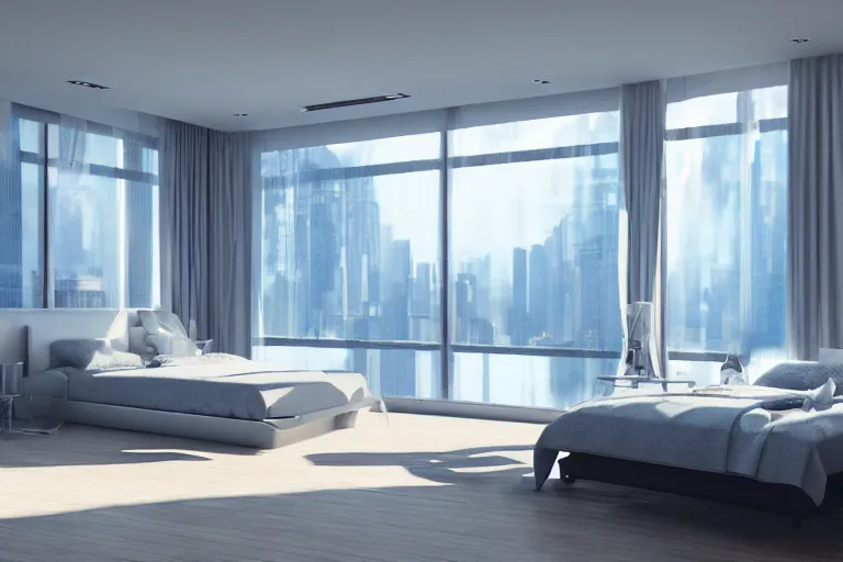 Image similar to futuristic highly detailed modern bedroom with a nice window view, complex design, realistic, octane render, unreal engine 5, raytracing, volumetric light, trending on artstation