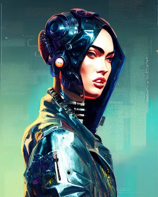 Image similar to detailed side profile portrait Megan Fox, cyberpunk futuristic neon, reflective puffy coat, decorated with traditional Japanese ornaments by Ismail inceoglu dragan bibin hans thoma greg rutkowski Alexandros Pyromallis Nekro Rene Maritte Illustrated, Perfect face, fine details, realistic shaded, fine-face, pretty face