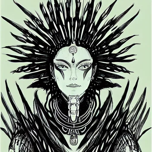 Image similar to a cosmic, lovcraftian female sphinx with spikes on its head and feathers and jewellery drawing by tsutomu nihei