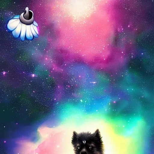 Image similar to digital painting of dog floating and pooping in space, nebula background, beautiful, hyper detailed