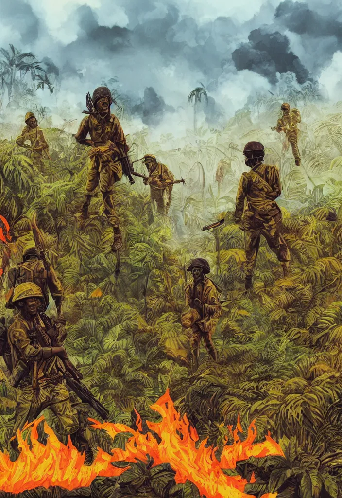 Image similar to handmade illustration of an epic Vietnam war scene with a few Rastafarian Jamaican soldiers walking, the jungle at the background, some smoke and fire, blue sky with dramatic clouds, line art, ink, watercolor by Kilian Eng and by Jake Parker, heavy brushstrokes, winning-award masterpiece, fantastic, octane render, 8K HD Resolution, High quality image