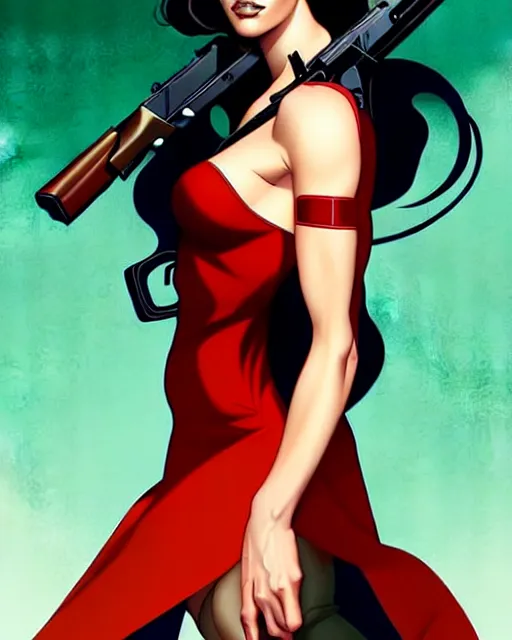 Prompt: artgerm, joshua middleton comic cover art, full body pretty megan fox holding a shotgun, red dress, symmetrical eyes, symmetrical face, long curly black hair, dark city background, cinematic lighting