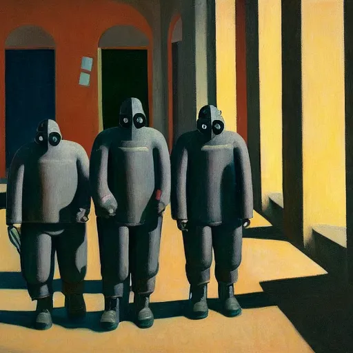 Image similar to drab workers wearing gas masks walking along cloisters, watched by fascist robots, brutalist courtyard, dystopian, pj crook, edward hopper, oil on canvas