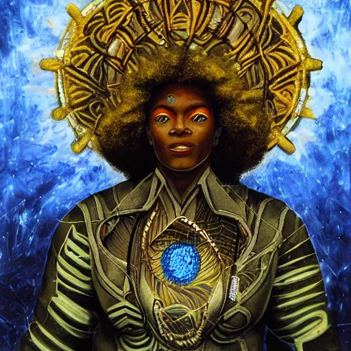 Prompt: afrofuturistic techno - mage uploading ancestral knowledge to the uni - mind interface, dark fantasy, occult, high - quality surrealist painting