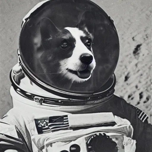 Image similar to daguerrotype of a corgi astronaut on the moon, award - winning photograph, vintage, stunning