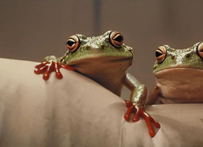 Image similar to movie still of a wes anderson movie about frogs