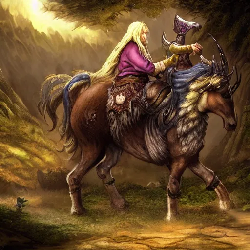 Prompt: A dwarf riding on a dark and uncanny unicorn in the mountains, highly detailed, ambient lighting, mystic, rpg artwork