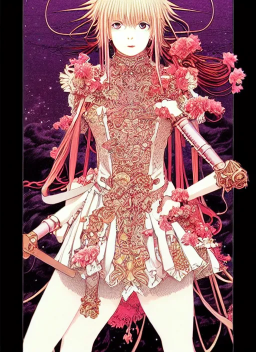 Prompt: highly detailed fate artstation katsuhiro otomo fluorescent fantastic fate manga poster of princess mechine, minaba hideo, takato yamamoto, long hair, armor, laces, ruffles, 8 k, maximalist, art nouveau,