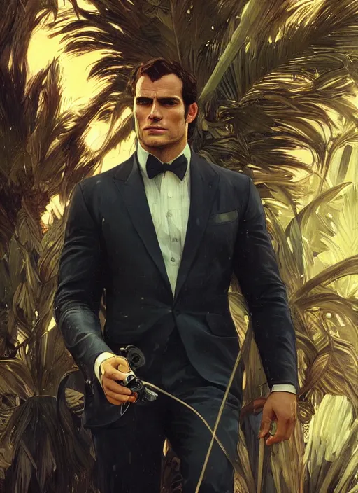 Image similar to portrait of henry cavill as james bond, key art, palm trees, vintage aston martin, highly detailed, digital painting, artstation, concept art, cinematic lighting, sharp focus, illustration, by gaston bussiere alphonse mucha