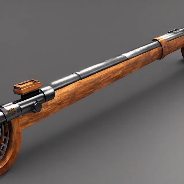 Prompt: wrought - iron cannon gun arquebus with wooden intarsia grip ( ( and telescopic sight ) ), unreal engine, 8 k render