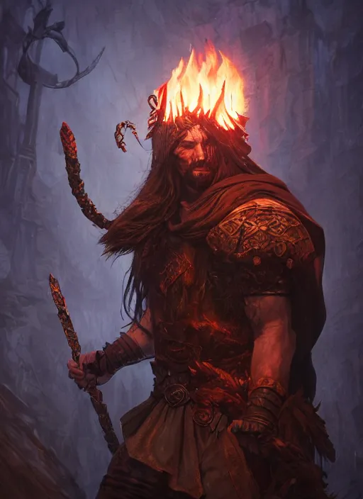 Prompt: A fantasy comic book style portrait painting of a brutal muscular male cleric druid spell casting flames in a atmospheric dark fortress, unreal 5, magician, DAZ, hyperrealistic, octane render, RPG portrait, ambient light, dynamic lighting