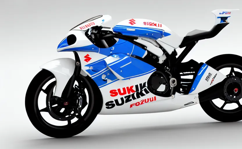 Prompt: suzuki prototype, racing motorbike, symmetrical mechanical features, designed by pininfarina, smoke, elegant design, northen lights background, brushed white and blue paint, black wheel rims, hard surfaces modelling, futuristic, show room scene, dramatic lighting, hyper realistic rendering, made in fusion solidworks, bokeh effect, 1 5 0 mm, 4 k