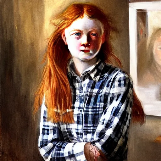 Prompt: extraordinary portrait : 4 0 - year - old sadie sink in a checked shirt, modern hairstyle. in her art studio. 1 9 9 0 s. precise detail. art by anders zorn, wonderful masterpiece by greg rutkowski, beautiful cinematic light, american romanticism by greg manchess, jessica rossier