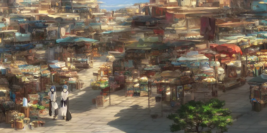 Prompt: empty arabian marketplace, scenic shot, by makoto shinkai