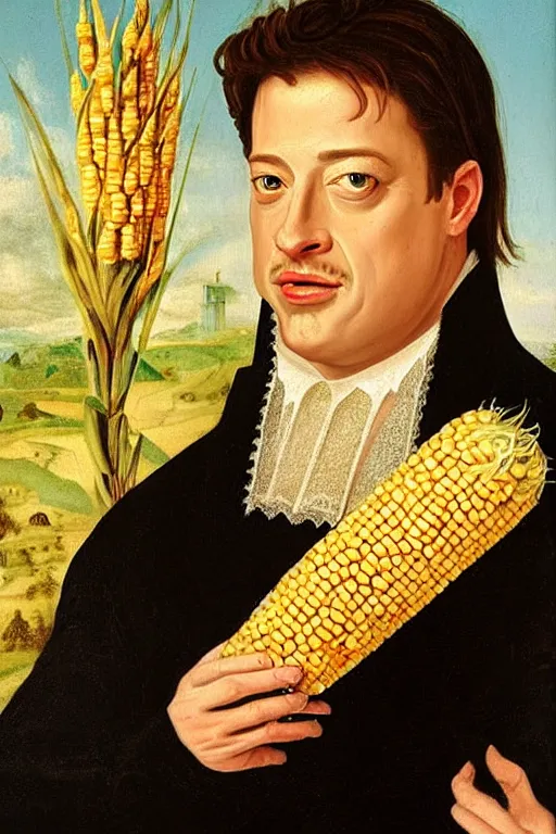 Image similar to a 1 6 0 0 s portrait painting of brendan fraser holding corn, intricate, elegant, highly detailed