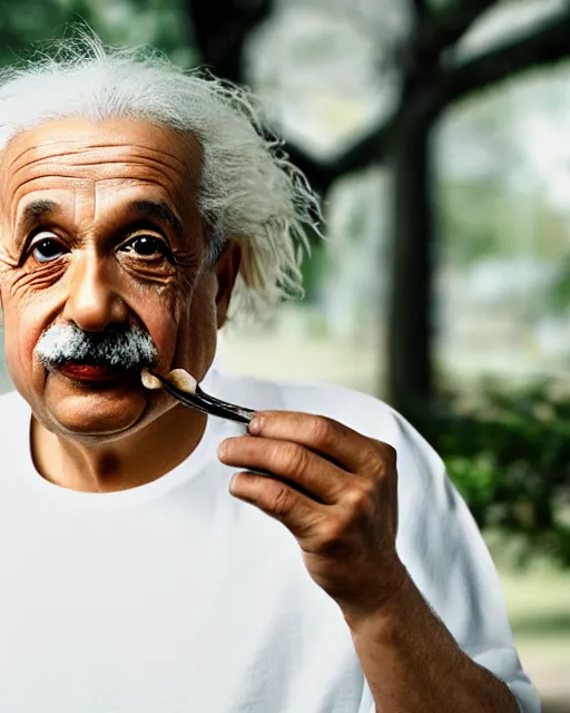 Image similar to A photo of Albert Einstein eating Dosa, highly detailed, trending on artstation, bokeh, 90mm, f/1.4