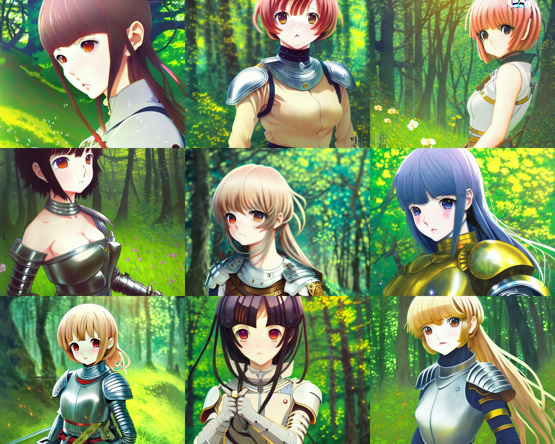 Prompt: anime visual, portrait of a young female knight in armor in a forest exterior, cute face by ilya kuvshinov, yoh yoshinari, kyoani, dynamic pose, dynamic perspective, rounded eyes, clean anime outlines, mucha, gustav klimt, flat