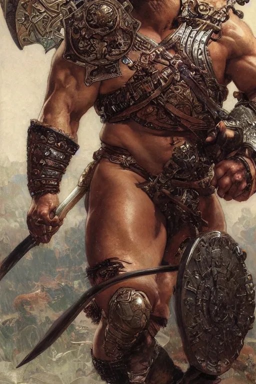 Image similar to closeup portrait of muscular male barbarian, intricate details, large sword, by Stanley Artgerm Lau, by greg rutkowski, by thomas kindkade, by alphonse mucha, loish, by norman rockwell J.