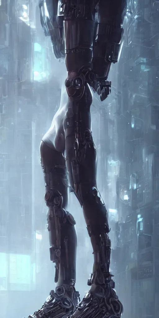 Image similar to body with head and feet and shoes and hands, cyberpunk, female character, beautiful head, nice legs, concept art, artstation, intricate details, dramatic lighting