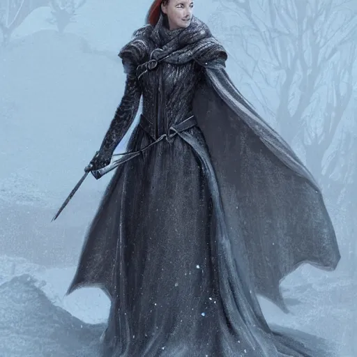 Image similar to full body portrait of sansa stark, detailed, exquisite, at winterfell, artstation