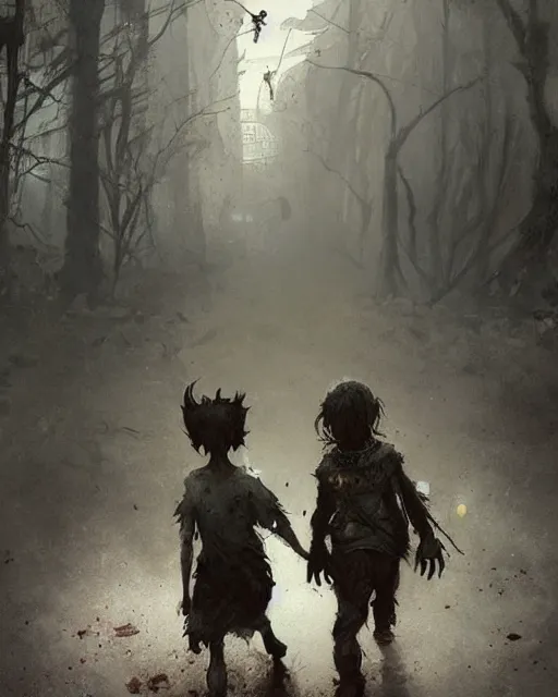 Prompt: a child zombie walking toward a scared teenager that fell on the ground realistic concept art, hd, high quality by jean baptiste monge and greg rutkowski