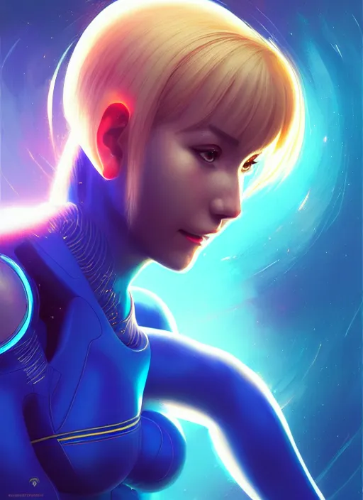 Image similar to portrait of zero suit samus aran, intricate, elegant, glowing lights, highly detailed, digital painting, artstation, concept art, smooth, sharp focus, illustration, art by wlop, mars ravelo and greg rutkowski