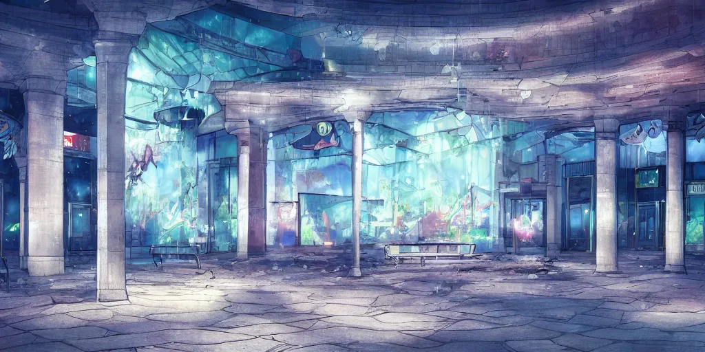 Prompt: abandoned mall at night, a fountain with benches in the middle, subtle wear - and - tear, anime!, award - winning digital art